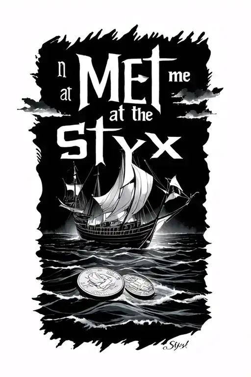 "meet me at the Styx" with a coin for the ferry tattoo design idea