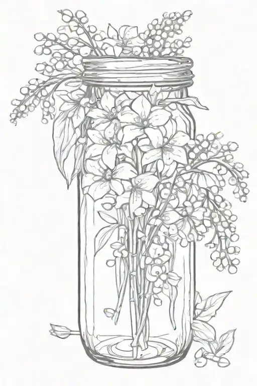 Mason jar full of lily of the valley flowers, hawthorns, asters and morning glories. tattoo design idea