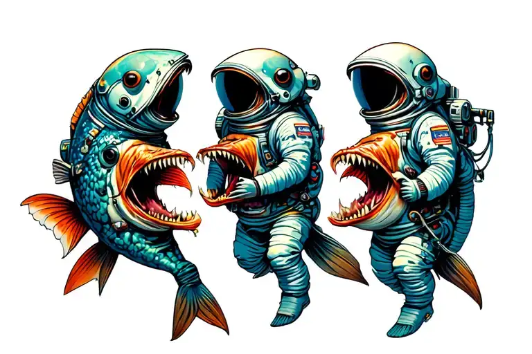 scary fish eating astronauts go tattoo design idea