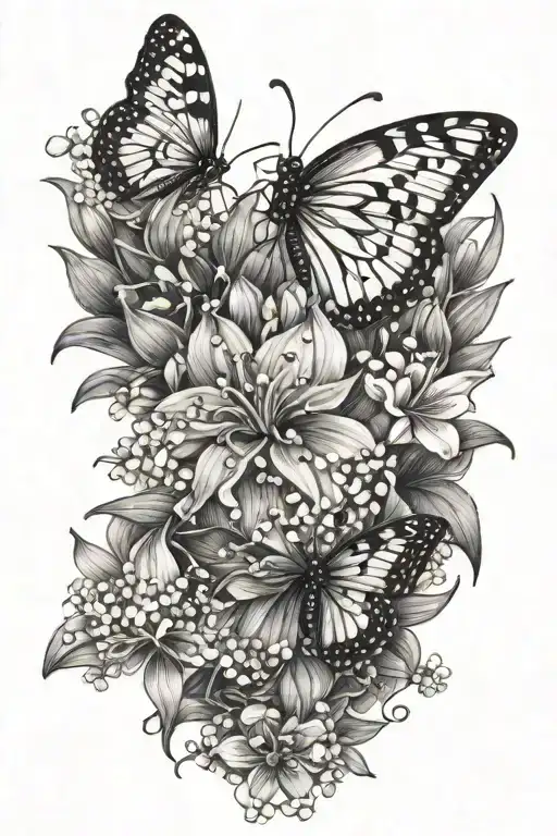 ladybugs, butterfly, lily of the valley, narcisus flower tattoo design idea