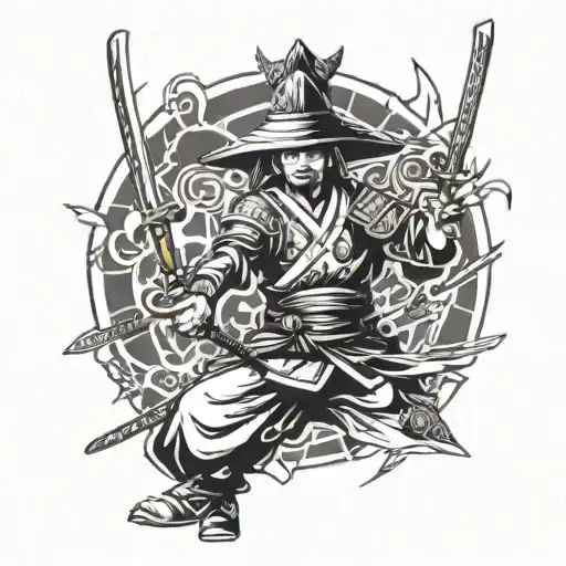 samurai with 3 swords in a fighting stance with a triangular hat and with all sorts of lines and drawings around tattoo design idea