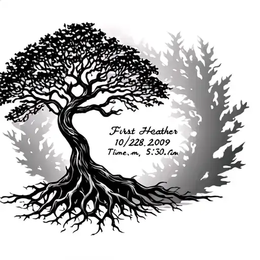 Tree of life with roots, first name Heather, date 10/28/2009, time 10:30 a.m. tattoo design idea