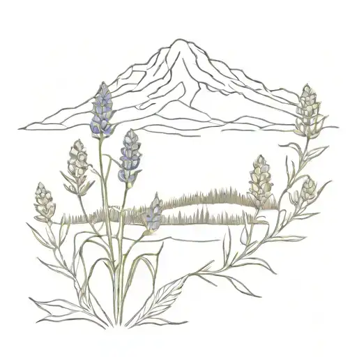 outline of mt baker an mt rainer with flowers at the bottom of harebell, lupine flower, indian paintbrush, and fireweed tattoo design idea