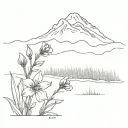 outline of mt baker an mt rainer with flowers at the bottom of harebell, lupine flower, indian paintbrush, and fireweed tattoo design idea