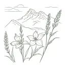 outline of mt baker an mt rainer with flowers at the bottom of harebell, lupine flower, indian paintbrush, and fireweed tattoo design idea