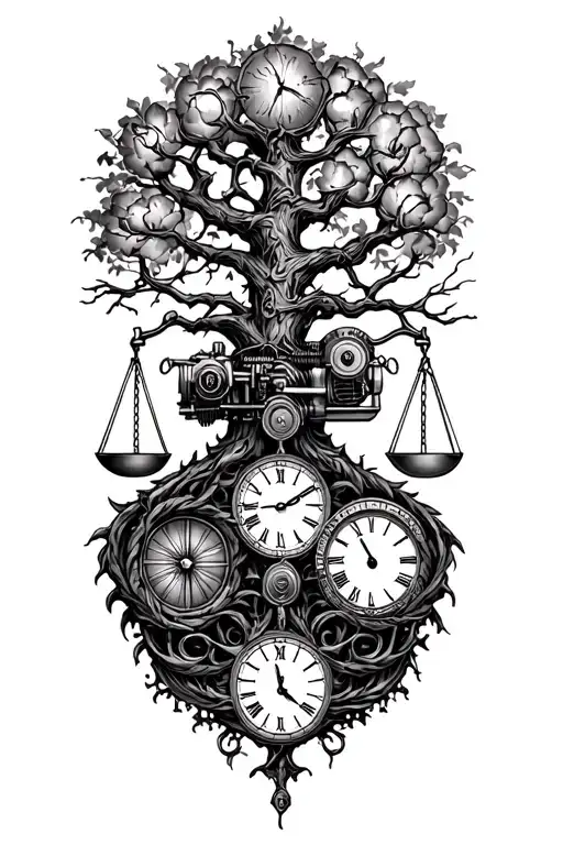 gothic tree of life intertwined with v-twin motor, libra scales and a clock tattoo design idea