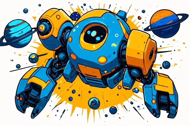 robot crashing into space with multiple planets tattoo design idea