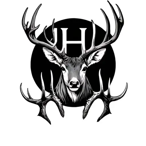 deer antlers intertwined a cross with JH initials  tattoo design idea