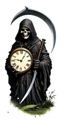 hooded Reaper, darkness,, scary, holding a scythe, blade, golf course, nature, time, clock tattoo design idea