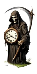 hooded Reaper, darkness,, scary, holding a scythe, blade, golf course, nature, time, clock tattoo design idea