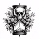 black engraving drawing, Hourglass, skull inside the upper part of the hourglass, leafy tree in the lower part of the ho tattoo design idea