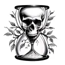 black engraving drawing, Hourglass, skull inside the upper part of the hourglass, leafy tree in the lower part of the ho tattoo design idea