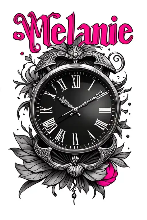 "Mélanie" Black pink clock clock tattoo design idea