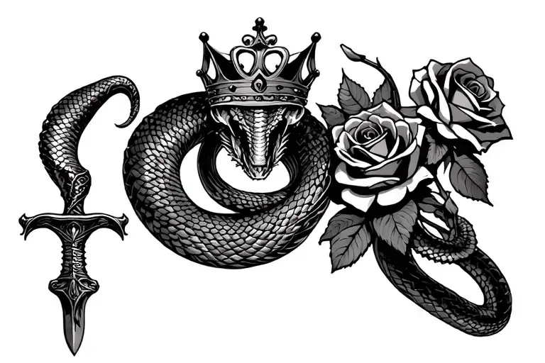 king cobra on a dagger with a crown on the handle and three roses tattoo design idea