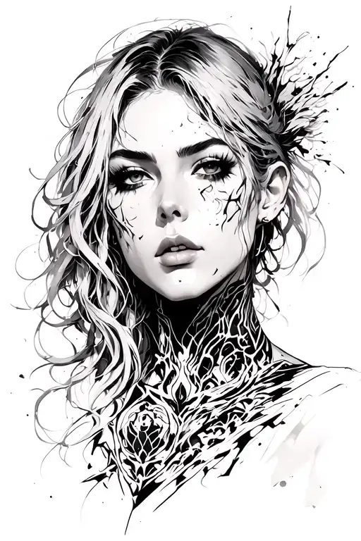 plot of the game cyberpunk 2077, black screen. dream somi tattoo design idea