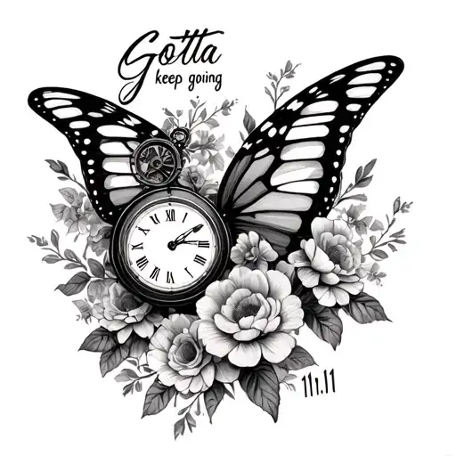 "Gotta keep going , 11:11" butterfly wings, clock mechanism intertwined, flowers tattoo design idea