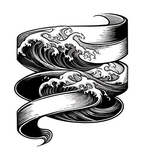 Minimalist tattoo band wrapping around the forearm. Inside the band, stylized ocean waves flow across, integrated with e tattoo design idea
