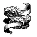 Minimalist tattoo band wrapping around the forearm. Inside the band, stylized ocean waves flow across, integrated with e tattoo design idea