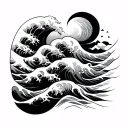 Minimalist tattoo band wrapping around the forearm. Inside the band, stylized ocean waves flow across, integrated with e tattoo design idea