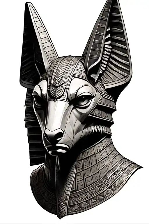 hyper Realistic Anubis head sculpted in stone, Egyptian armor bold shading, realism angled black and grey  tattoo design idea