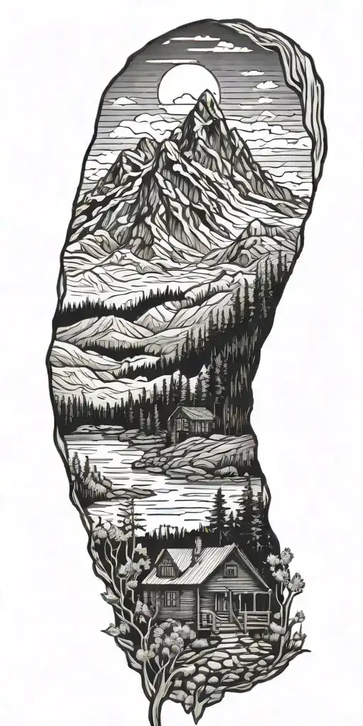 A detailed blackwork tattoo of a majestic mountain landscape with a log cabin nestled in the woods tattoo design idea