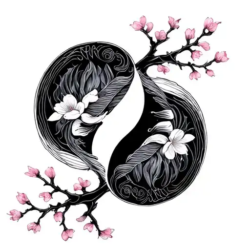 yin yang Pisces zodiac sign with cherry blossoms tattoo design idea