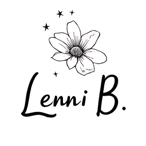 "Lenni B." cursive delicate thin font with a flower incorporated into the actual lettering and a trail of little stars  tattoo design idea