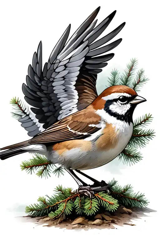 Sparrow with wings spread evergreen trees growing tattoo design idea