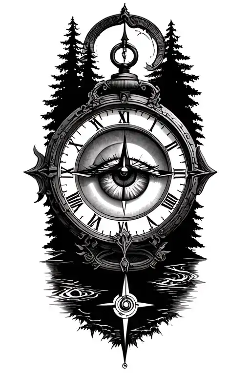 eye inside clock and compass surrounding both with forest and river backdrop  tattoo design idea