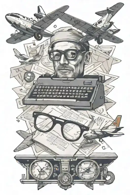 cards, typewriter, navy plane, aviator glasses tattoo design idea