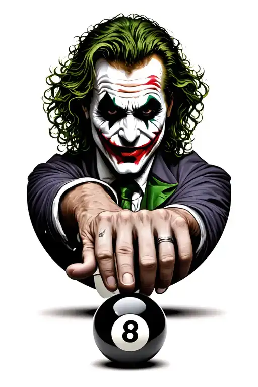 realistic heath ledger joker with his hand  & 8 ball in front of him. surround the picture with ha ha ha ha tattoo design idea
