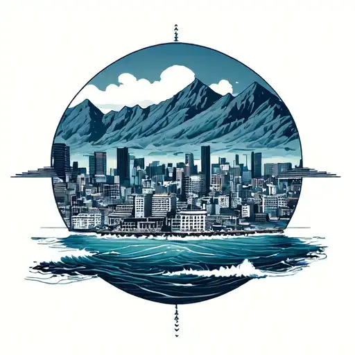 the sea, a small city on the shore and the mountains on the background, all from a top of a building point of view tattoo design idea