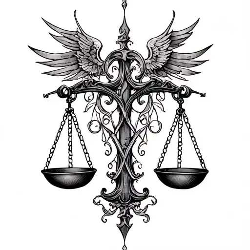 A powerful and symbolic justice scale with intricate details, representing seeking justice and love for mercy tattoo design idea