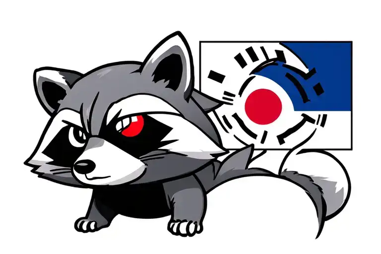 raccoon with eye patch on his right eye, the other eye is red, his noise is the color of the south korean flag  tattoo design idea
