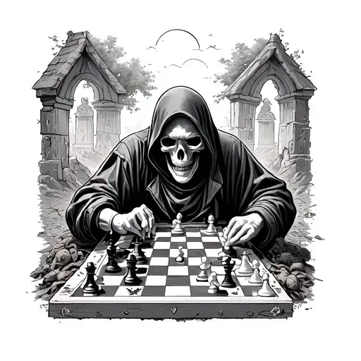 dealth playing chess while people digging a grave at a cemtry tattoo, i want it all black with lots of shading tattoo design idea