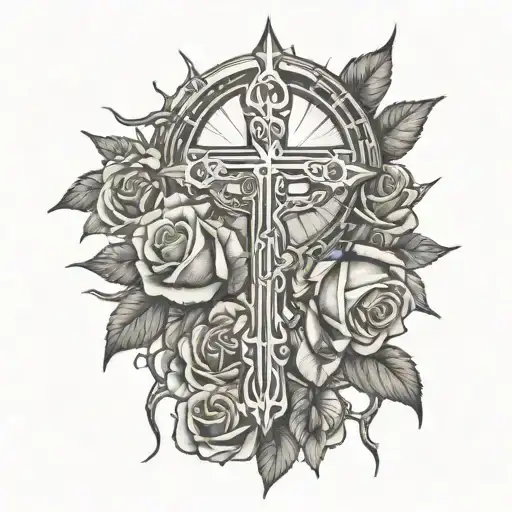 roses and thorns and sun setting hands holding cross  tattoo design idea