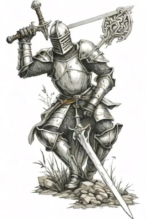 Knight pulling a sword out of ground paying respect tattoo design idea