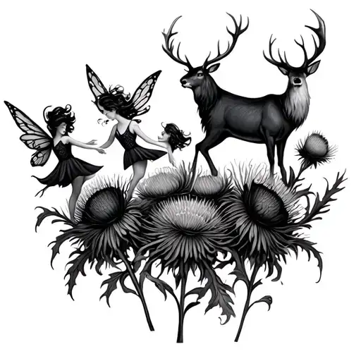 fairies dancing around giant scottish thistles with a stag behind them  tattoo design idea