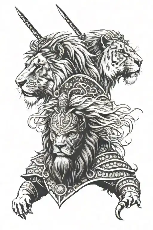 lion et viking warrior tattoo design idea