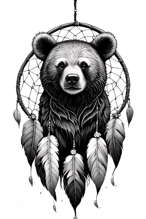 .dreamcatcher with bear, florals forming tattoo design idea