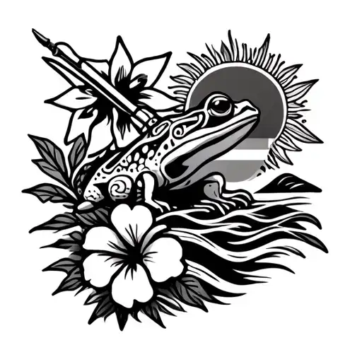 coqui taino frog, taino sun, hibiscus flower, waves, puerto rico flag, and spearheads tattoo design idea