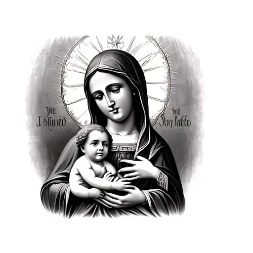 black Madonna in a post card with baby Jesus tattoo design idea