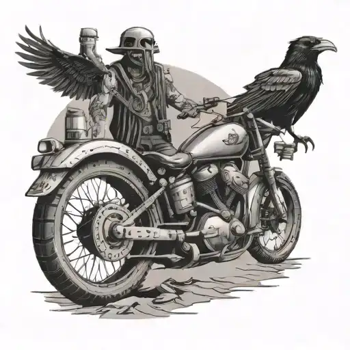 A mystical desert scene with a motorcycle parked next to a bonfire, surrounded by crows and symbols of witchcraft and metal music tattoo design idea