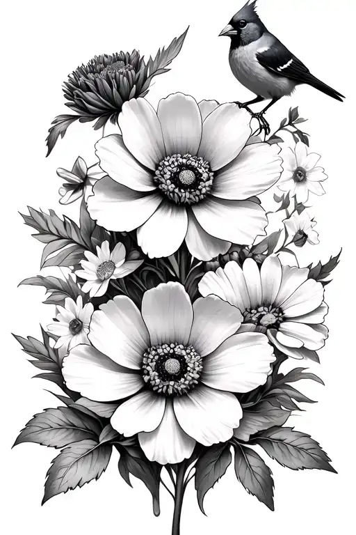 Aster flower, violet blooming, poppy blooming, daffodil, and a cardinal somewhere in there in black and grey semi realis tattoo design idea