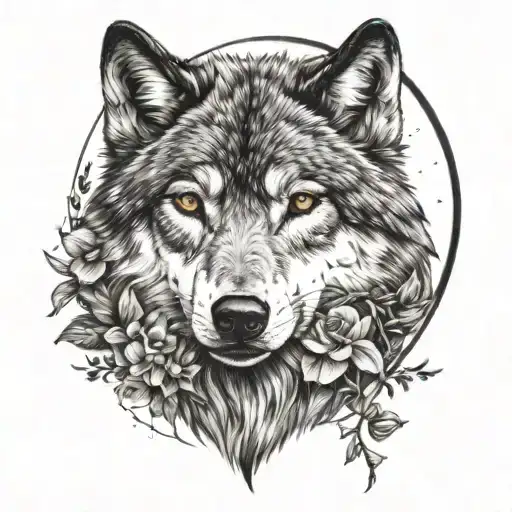 wolf face surrounded by moon and flowers tattoo design idea