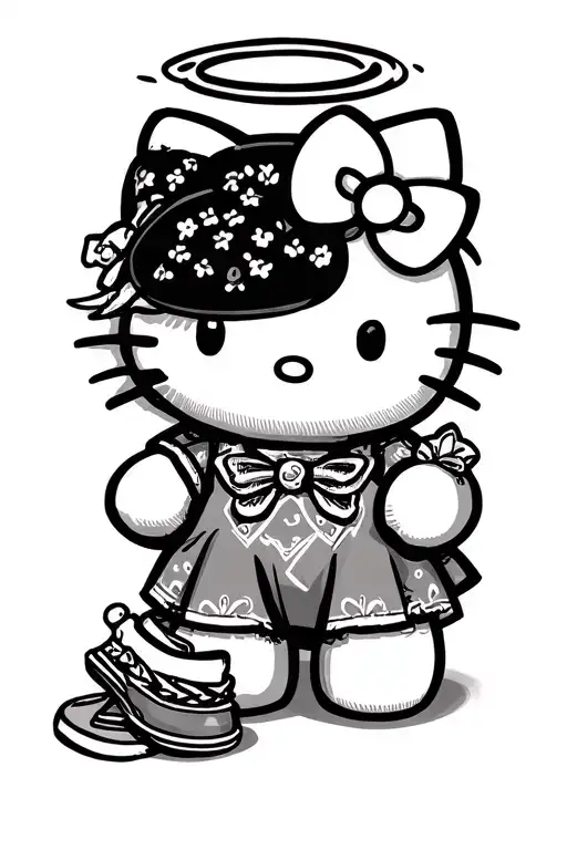 hello kitty with a halo and jazzy underneath with 02-18-2008 and 09-13-2025 tattoo design idea
