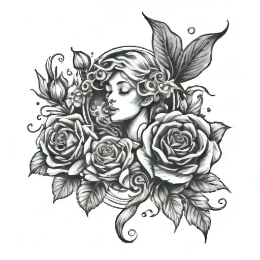 rose stem tattoo with stay strong written in it, mermaid around it and other flowers like water Lillie's with waves  tattoo design idea