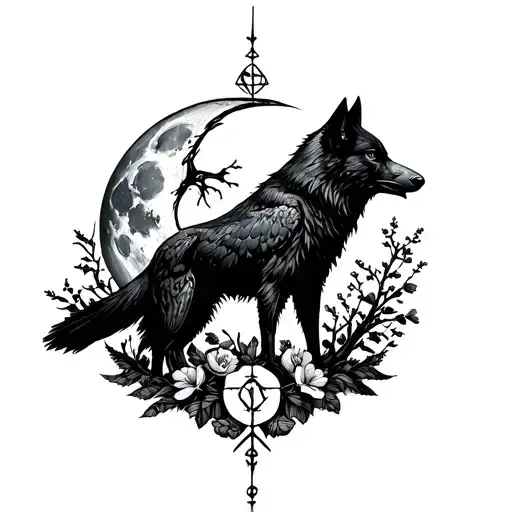 Nordic wolf and raven with runes, full moon, creepy tree, and flowers — dark mystical design. tattoo design idea