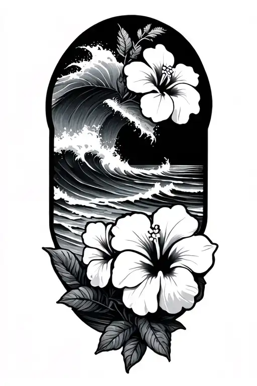 beach and ocean waves with small hibiscus flowers tattoo design idea