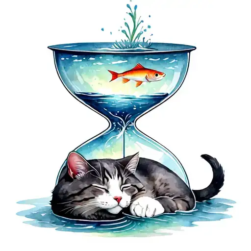 grey and white manx cat sleeping in bottom section of hourglass and water and fish in upper section tattoo design idea